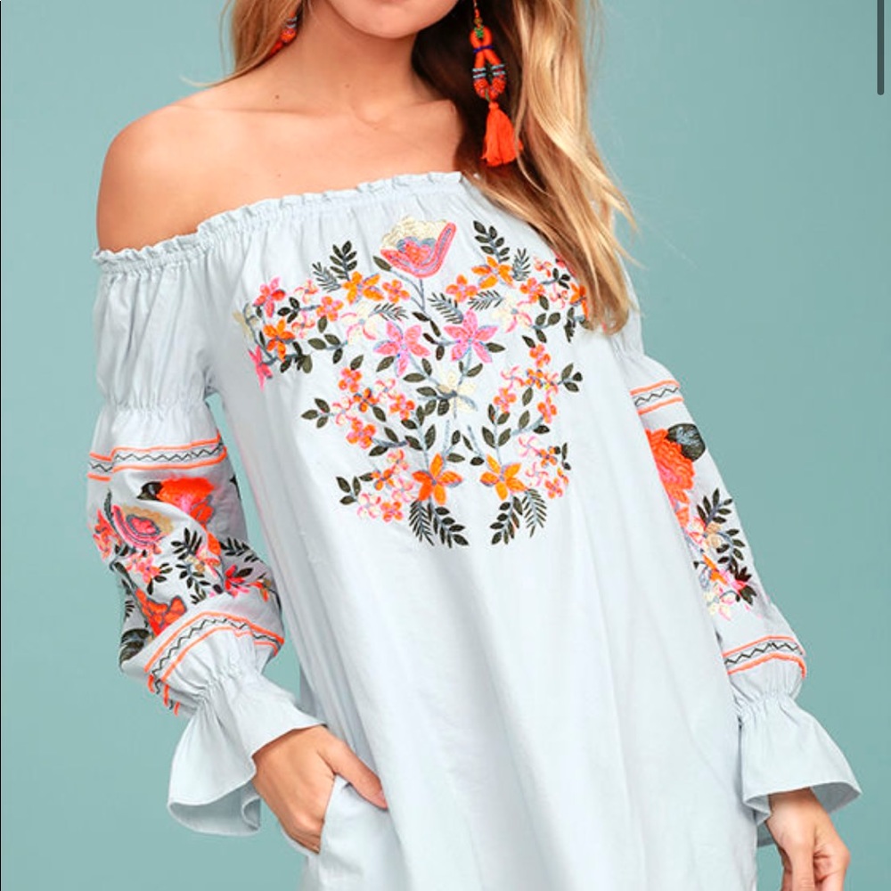 Free People Fleur Du Jour Blue Embroidered Dress
